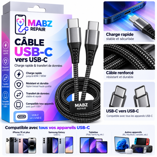 Kit câble USB-C MABZ Repair Câble USB-C vers USB-C 2 m MABZ Repair
