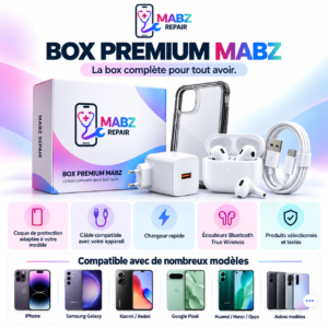 mabz-repair-box-premium Box Premium MABZ Repair : coque, câble, chargeur rapide et écouteurs Bluetooth avec boîtier
