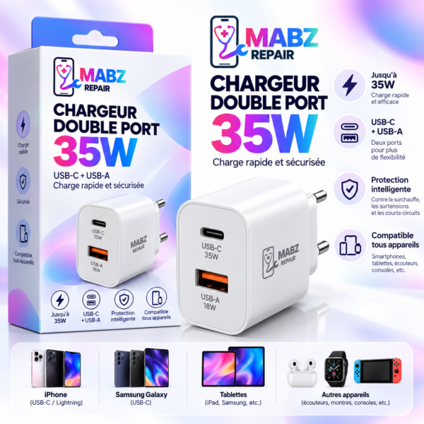 mabz-repair-chargeur-double-port-35w Chargeur double port 35 W USB-C et USB-A MABZ Repair